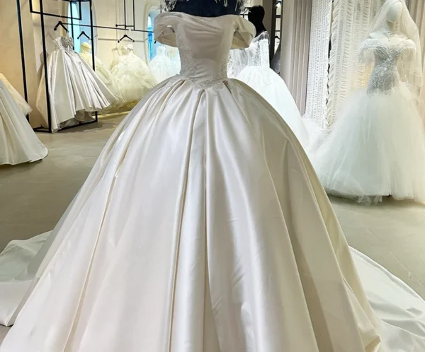 Off-the-Shoulder Satin Ball Gown Wedding Dress