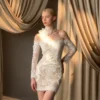 Off Shoulder Long Sleeve Lace Bodycon Mini Wedding Dress