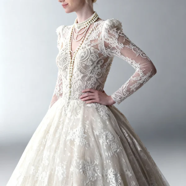 120515 (2)(1) High-Neck Long-Sleeve Voluminous Ballgown Wedding Dress