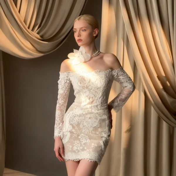 Off Shoulder Long Sleeve Lace Bodycon Mini Wedding Dress