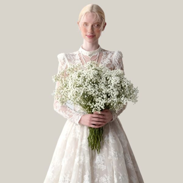 1205181 High-Neck Long-Sleeve Voluminous Ballgown Wedding Dress