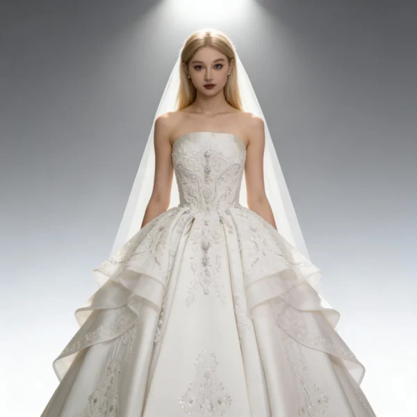 Strapless Embroidered Train Bridal Gown