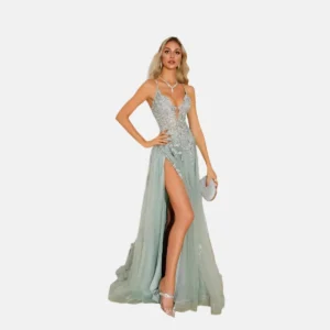 Mint Green Spaghetti Strap Tulle Evening Gown