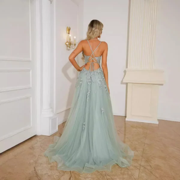 Mint Green Spaghetti Strap Tulle Evening Gown