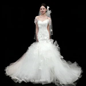 Off-the-Shoulder 3D Floral Mermaid Wedding Dress - Tulle Ruffled Bridal Gown with Train