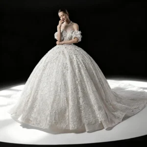 Off-the-Shoulder Ball Gown Wedding Dress-Heavy Embroidery Sparkle Tulle Bridal Gown
