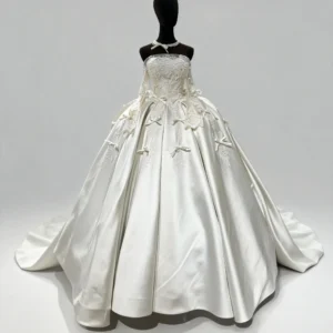 Lace Embroidery Bow Detail Bridal Gown with Train | Luxury Bride Ceremony Dress