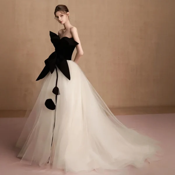 Artistic 3D Butterfly Black & White Contrast Wedding Dress