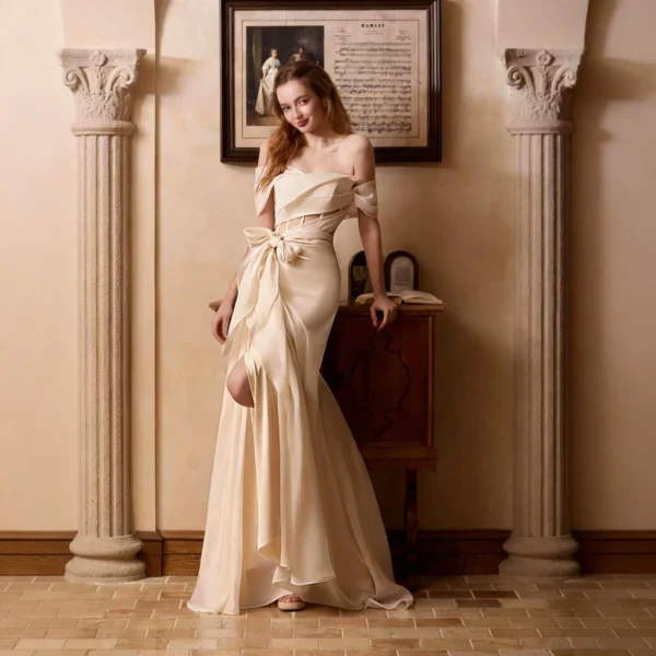 Vintage Pearl Chiffon Off-the-Shoulder Cutout Gown - Tie-Waist Slit Mermaid Dress