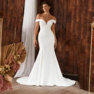 Off-the-shoulder waist-cinched mermaid satin evening dress