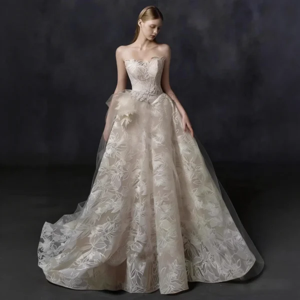 Strapless Light Wedding Dress - Heavy Lace Embroidery 3D Flower Bridal Gown