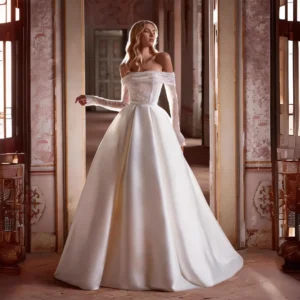 123113(1) French Satin Off-the-Shoulder Wedding Dress - Slim-Fit Sparkle Long Sleeve Bridal Gown