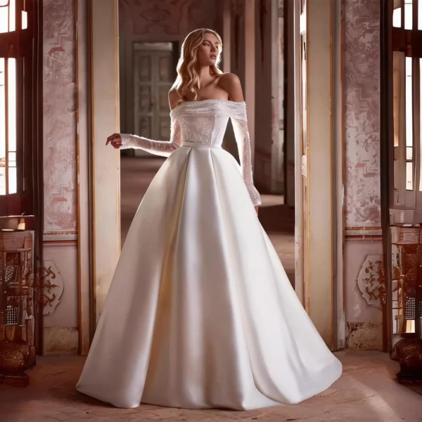 French Satin Off-the-Shoulder Wedding Dress - Slim-Fit Sparkle Long Sleeve Bridal Gown