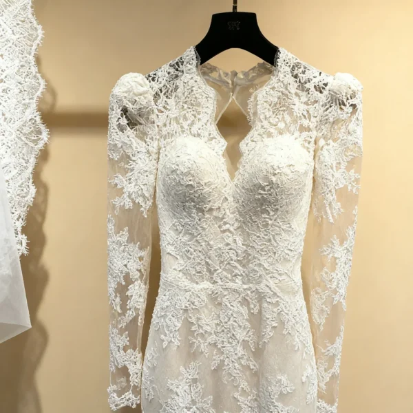 High-Neck Sheer Long-Sleeve Bridal Gown with 3D Embroidery