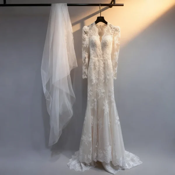 High-Neck Sheer Long-Sleeve Bridal Gown with 3D Embroidery