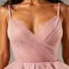 Blush Pink Tiered Tulle Evening Gown | Spaghetti Strap Irregular Prom & Wedding Dress