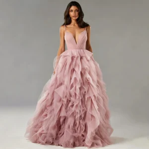Blush Pink Tiered Tulle Evening Gown | Spaghetti Strap Irregular Prom & Wedding Dress