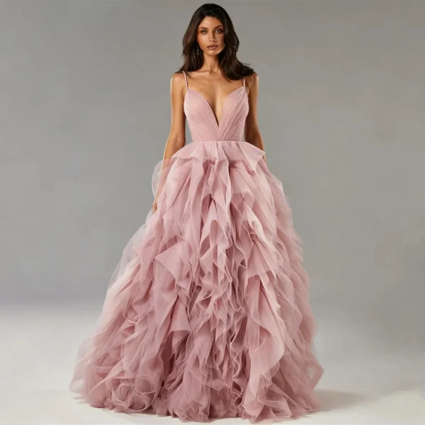 Blush Pink Tiered Tulle Evening Gown | Spaghetti Strap Irregular Prom & Wedding Dress