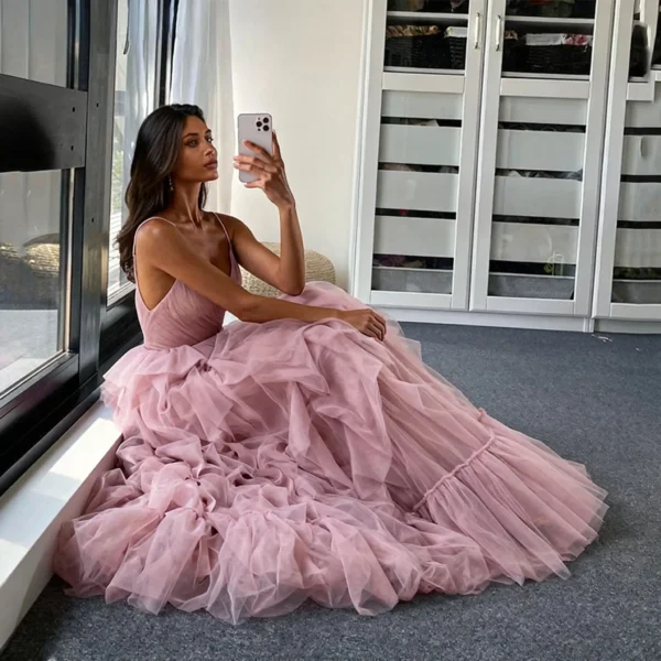 Blush Pink Tiered Tulle Evening Gown | Spaghetti Strap Irregular Prom & Wedding Dress