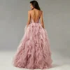 Blush Pink Tiered Tulle Evening Gown | Spaghetti Strap Irregular Prom & Wedding Dress
