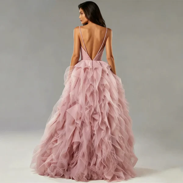 Blush Pink Tiered Tulle Evening Gown | Spaghetti Strap Irregular Prom & Wedding Dress