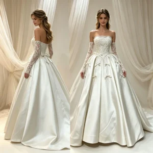 Lace Embroidery Bow Detail Bridal Gown with Train | Luxury Bride Ceremony Dress
