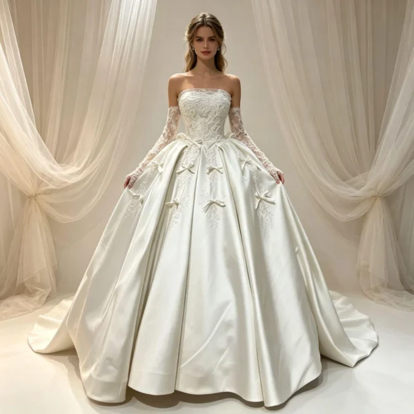 Lace Embroidery Bow Detail Bridal Gown with Train | Luxury Bride Ceremony Dress