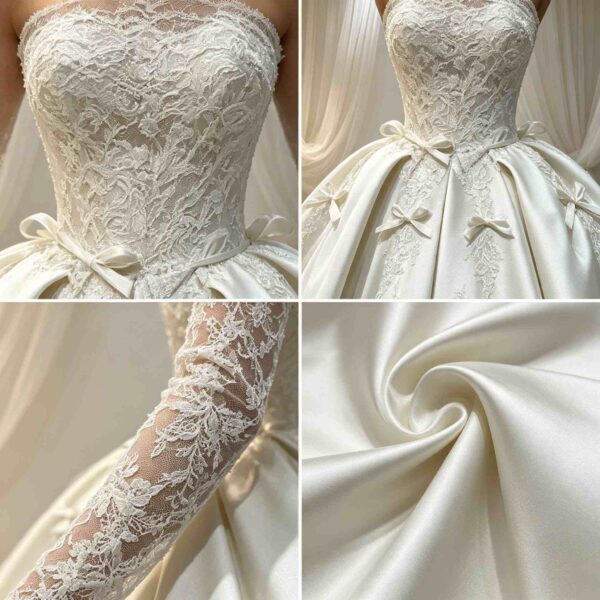 Lace Embroidery Bow Detail Bridal Gown with Train | Luxury Bride Ceremony Dress
