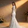 High-Neck Sheer Long-Sleeve Bridal Gown with 3D Embroidery