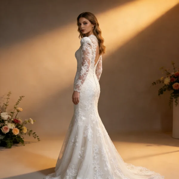 High-Neck Sheer Long-Sleeve Bridal Gown with 3D Embroidery