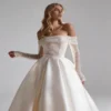 French Satin Off-the-Shoulder Wedding Dress - Slim-Fit Sparkle Long Sleeve Bridal Gown