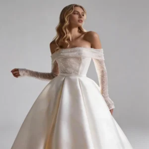 French Satin Off-the-Shoulder Wedding Dress - Slim-Fit Sparkle Long Sleeve Bridal Gown