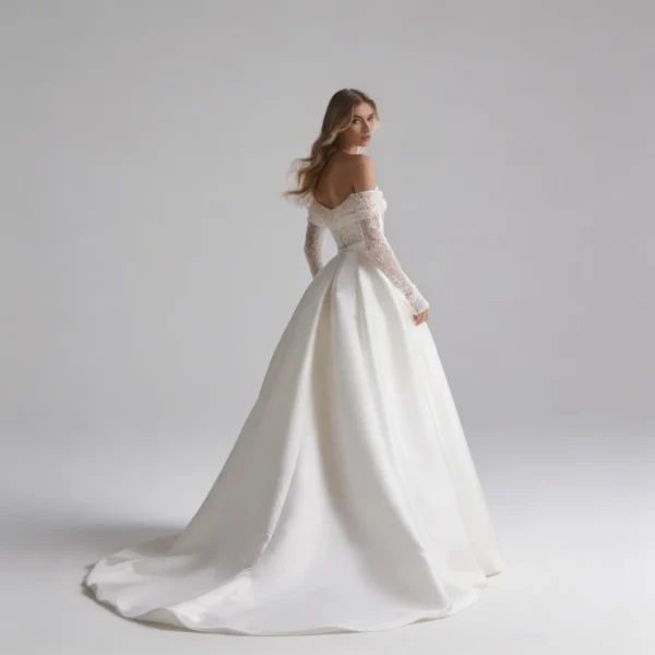 French Satin Off-the-Shoulder Wedding Dress - Slim-Fit Sparkle Long Sleeve Bridal Gown