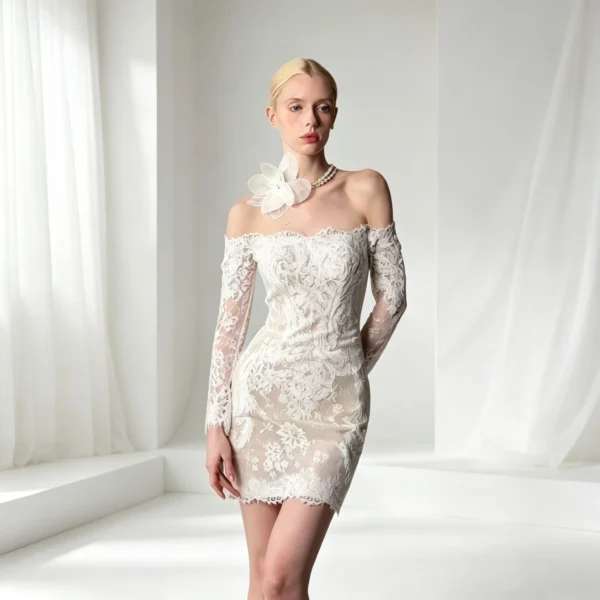 Off Shoulder Long Sleeve Lace Bodycon Mini Wedding Dress