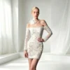 Off Shoulder Long Sleeve Lace Bodycon Mini Wedding Dress