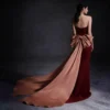 Strapless Burgundy & Peach Bow Back Bridal Evening Gown | Sexy Elegant Bridesmaid Dress