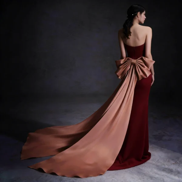 Strapless Burgundy & Peach Bow Back Bridal Evening Gown | Sexy Elegant Bridesmaid Dress