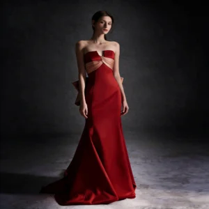 Strapless Burgundy & Peach Bow Back Bridal Evening Gown | Sexy Elegant Bridesmaid Dress