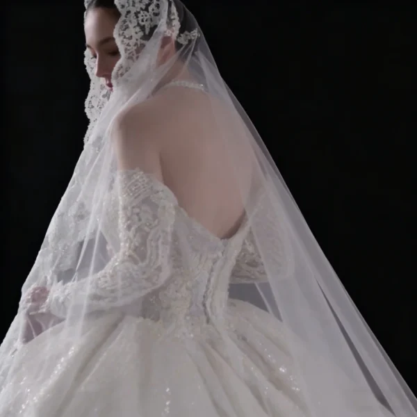 Off-the-Shoulder Sequin Lace Ball Gown Wedding Dress - Long Veil Bridal Gown with Train