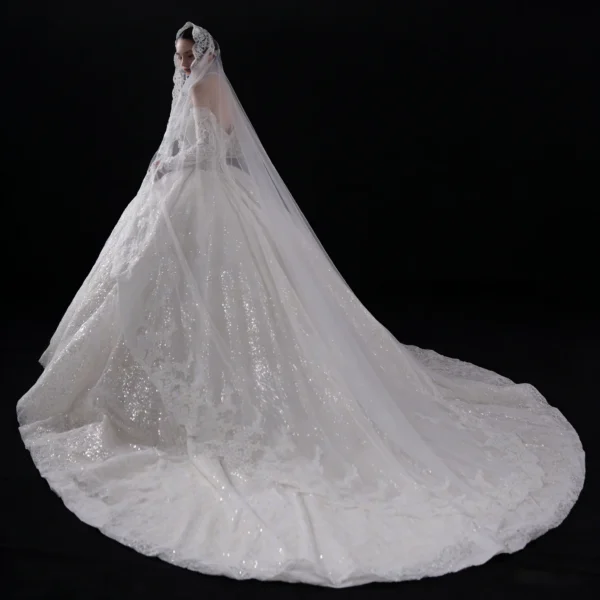 Off-the-Shoulder Sequin Lace Ball Gown Wedding Dress - Long Veil Bridal Gown with Train