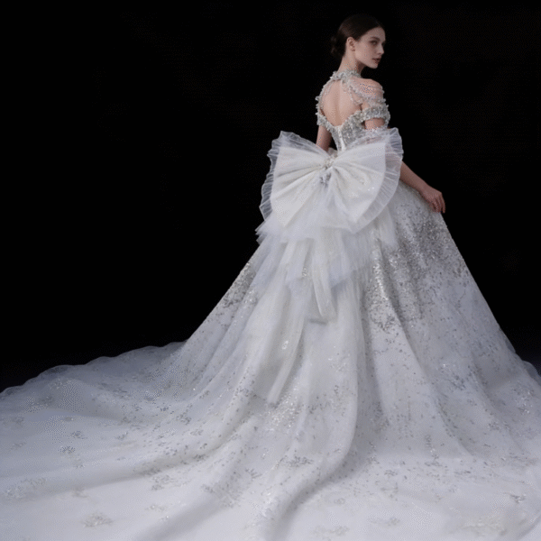 Oversized Bow Backless Bridal Gown with Train