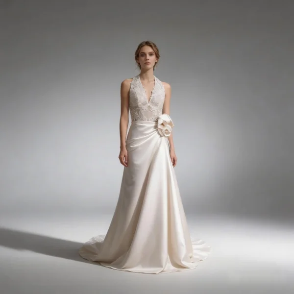 French Halter Deep V Lace Satin Mermaid Gown - Multi-Occasion Bridal & Formal Dress