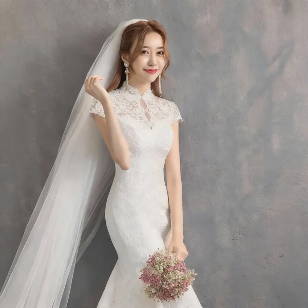 Slim-Fit Lace Bridal Gown with Long Train | Bridal Ceremony & Reception Dress