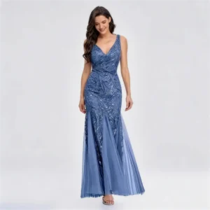 Sequin V-Neck Mermaid Evening Gown - Blue Elegant Formal Cocktail Party Dress