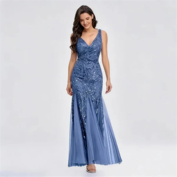 Sequin V-Neck Mermaid Evening Gown - Blue Elegant Formal Cocktail Party Dress