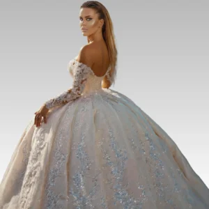Off-the-Shoulder Sequin Ball Gown Wedding Dress - Blue Sparkle Lace Long Sleeve Bridal Gown