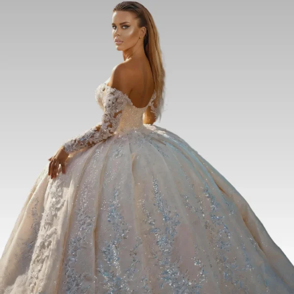 Off-the-Shoulder Sequin Ball Gown Wedding Dress - Blue Sparkle Lace Long Sleeve Bridal Gown