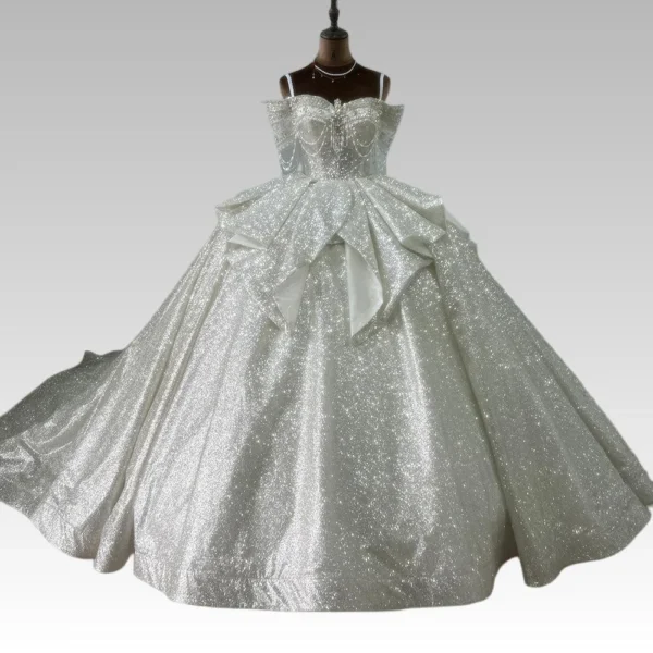 Bling Bling Off-the-Shoulder Ball Gown Wedding Dress with Train - Sparkle Sequin Bridal Gown