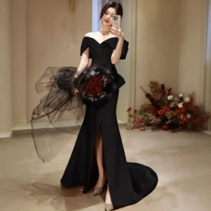 Black Off-the-Shoulder Mermaid Evening Gown - Slit Train Formal Party Dress