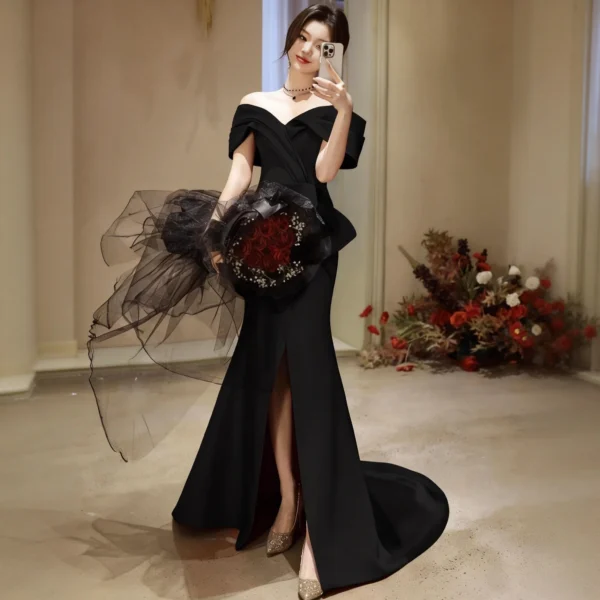 Black Off-the-Shoulder Mermaid Evening Gown - Slit Train Formal Party Dress